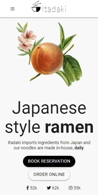 Mobile screenshot of the Itadaki Restaurant website